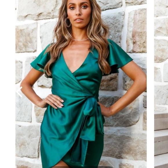 Selfie Leslie Ireland silky angel sleeve wrap mini dress in jade - Picture 2 of 6